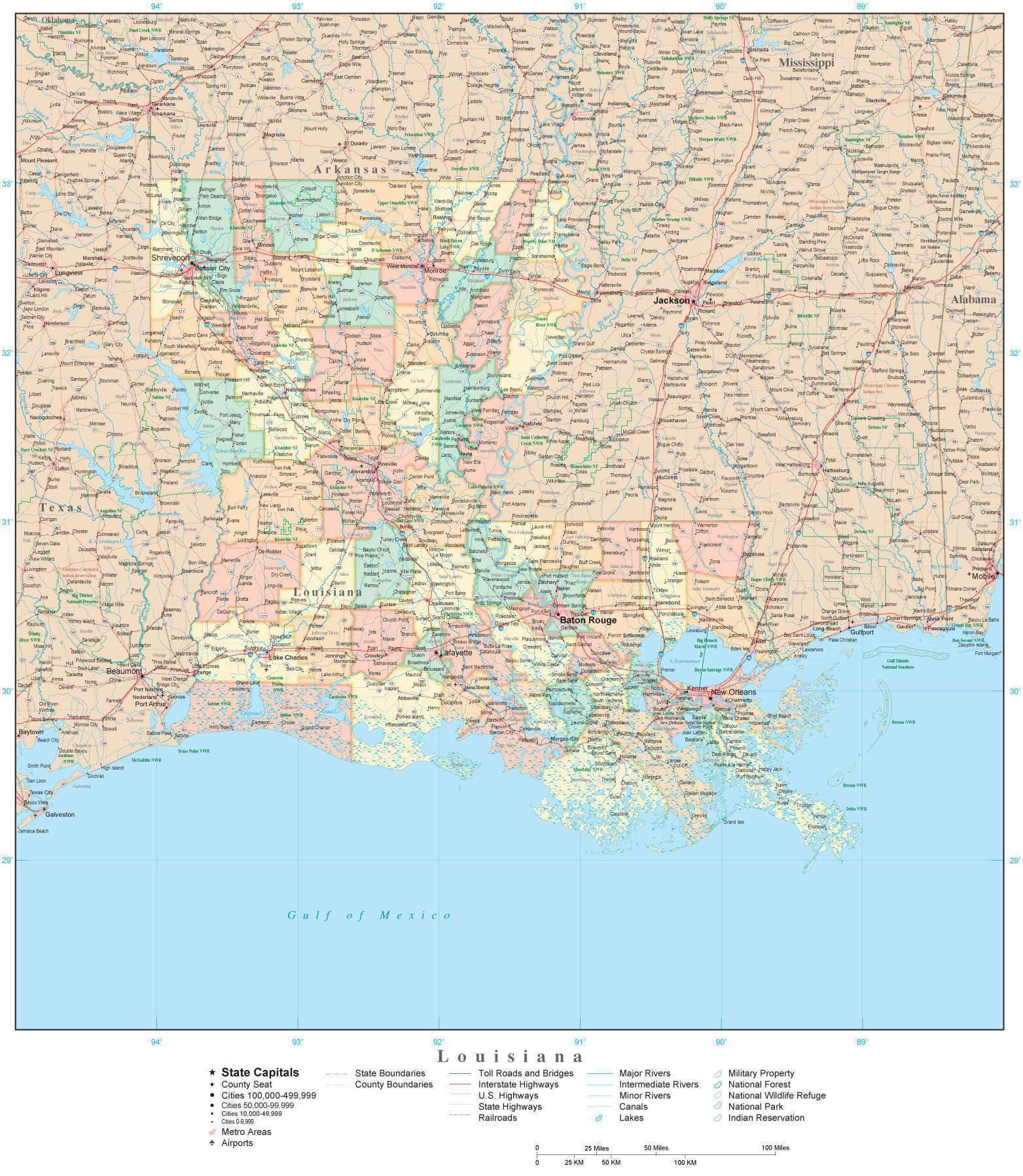 Detailed Louisiana Map - LA Terrain Map