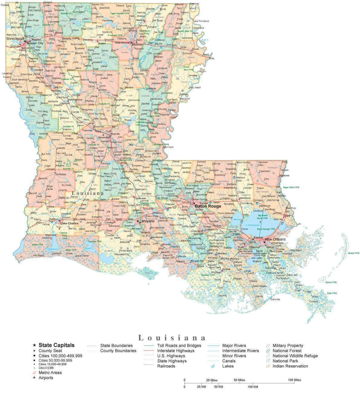 State of Louisiana Water Feature Map and list of county Lakes, Rivers,  Streams - CCCarto