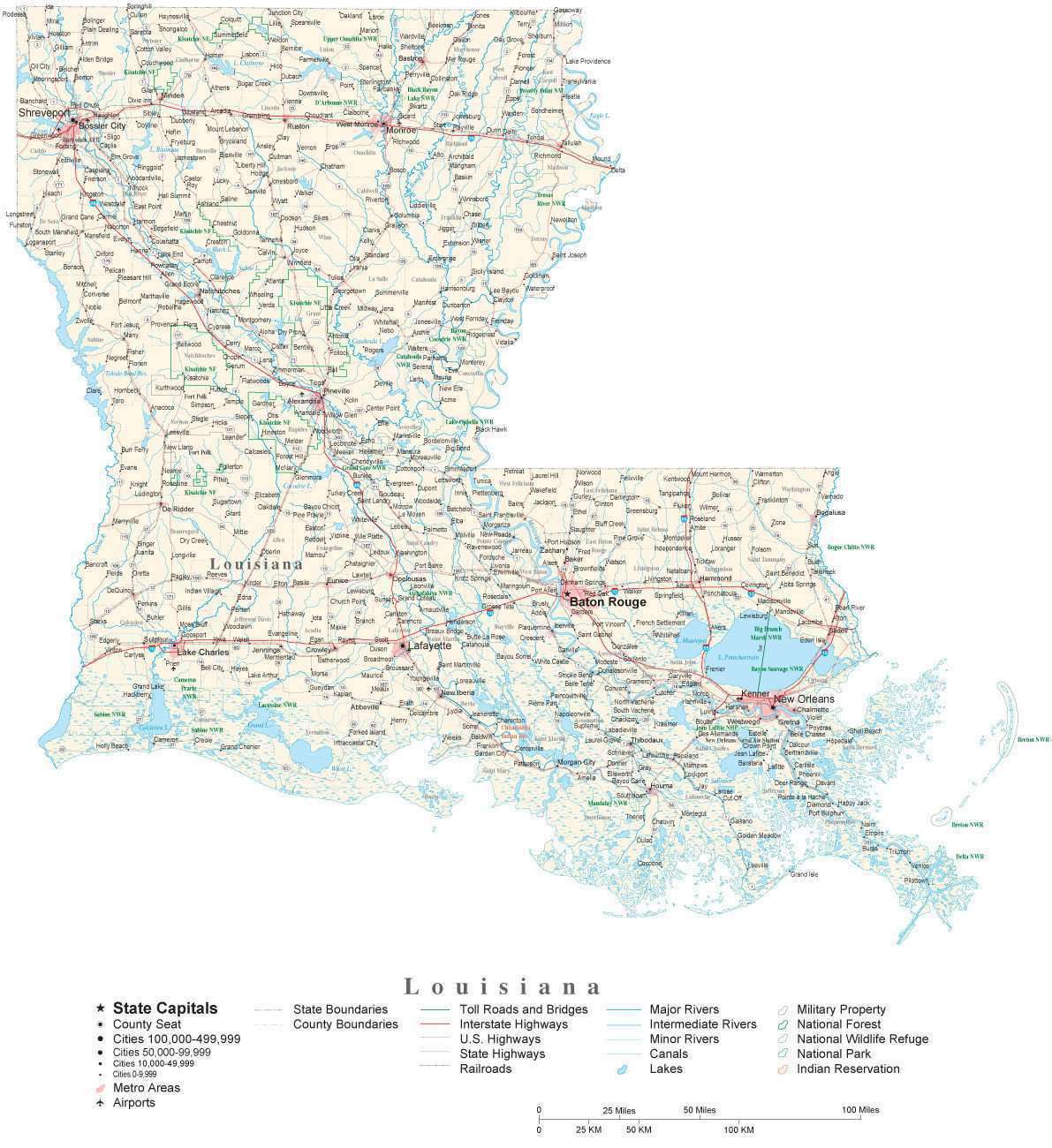 Louisiana detailed roads map.Map of Louisiana with cities and highways
