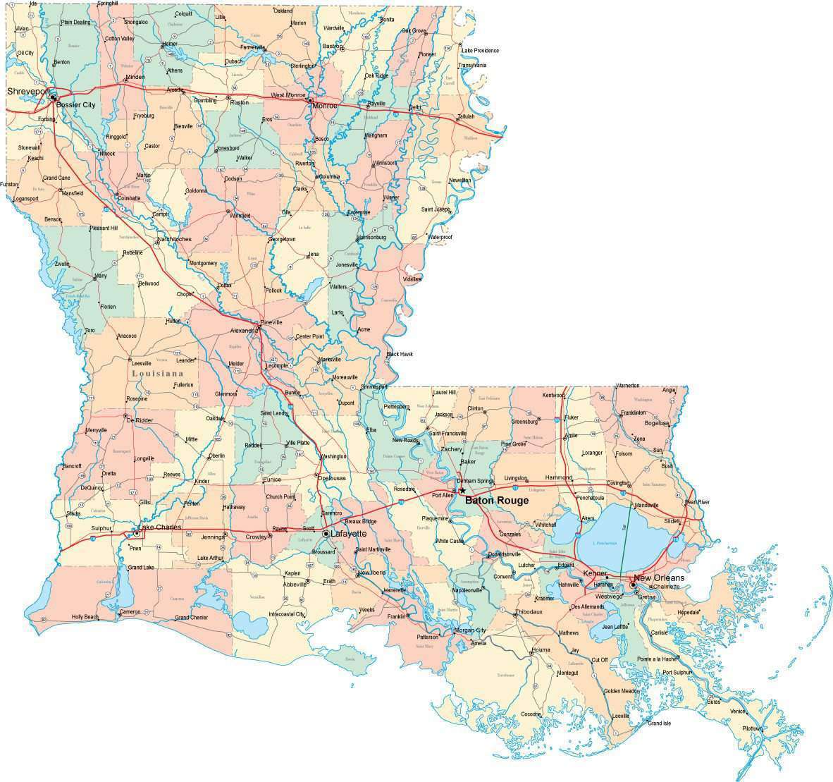 Louisiana US State PowerPoint Map, Highways, Waterways, Capital and Major  Cities - MAPS for Design