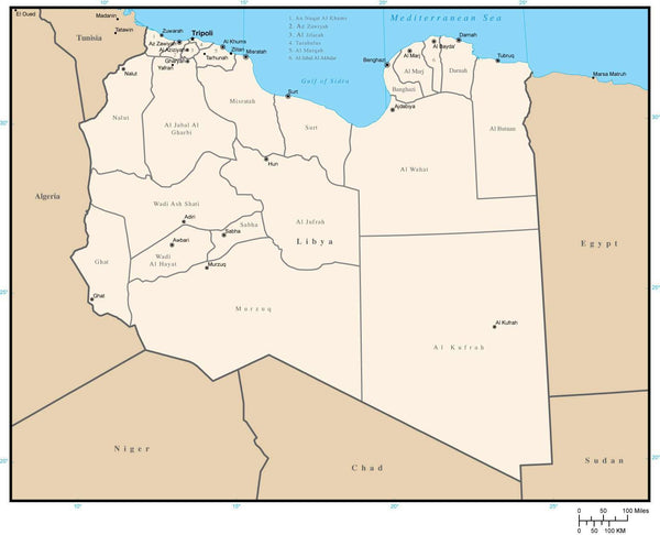 Libya Map with District Areas and Capitals in Adobe Illustrator Format