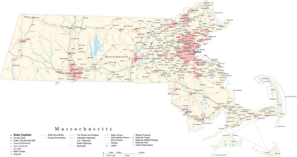 Massachusetts Detailed Cut-Out Style State Map in Adobe Illustrator ...