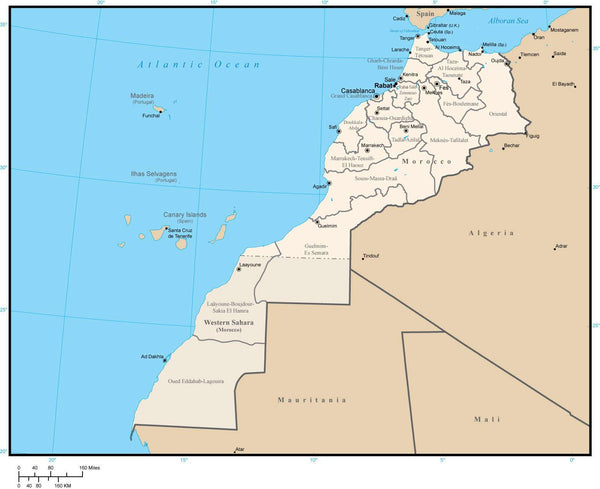 Morocco Map with Administrative Areas and Capitals in Adobe Illustrator ...