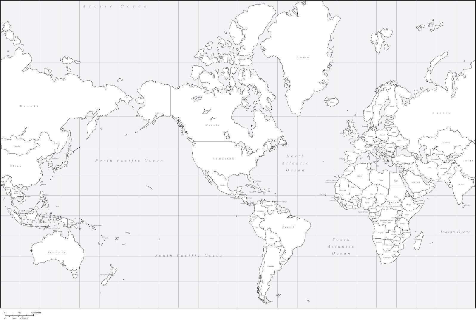 world map black and white continents and oceans