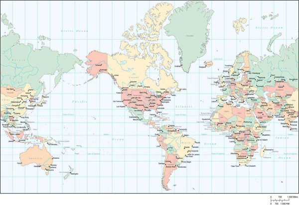 Multi Color World Map - Americas Centered, with Countries & Cities