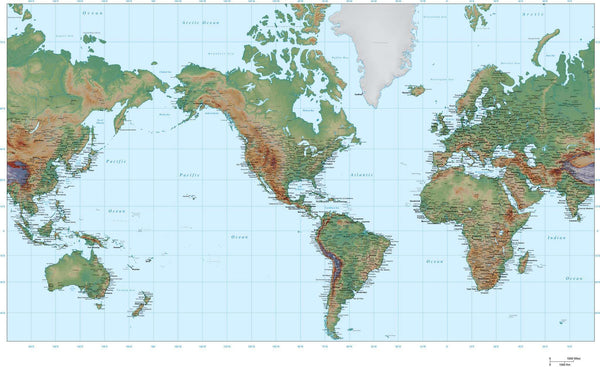 World Map, High Detail plus Terrain, America Centered - MC-AMR-302270