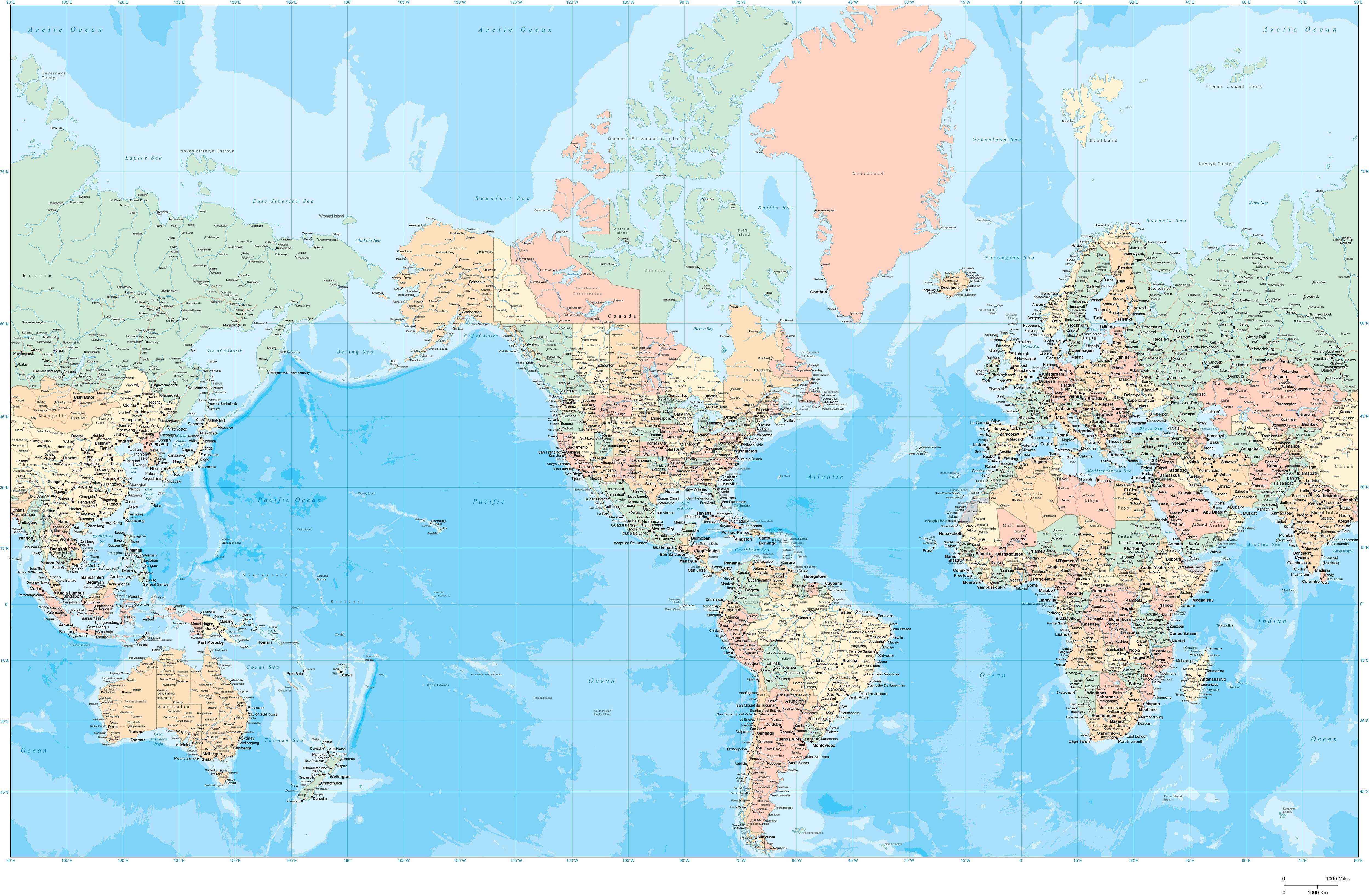 Large Size Detailed Adobe Illustrator World Map With Ocean Contours