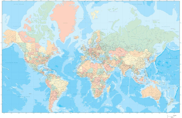 55 x 35 Inch Poster Size World Map - Mercator Projection with Ocean Fl