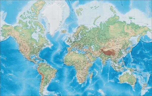 World Digital Terrain Map - Mercator Projection, Europe Centered