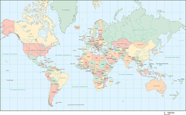 World Map - Multi Color with Country Names in Italian