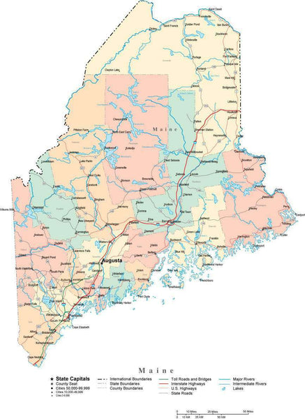 Maine Digital Vector Map with Counties, Major Cities, Roads, Rivers & Lakes