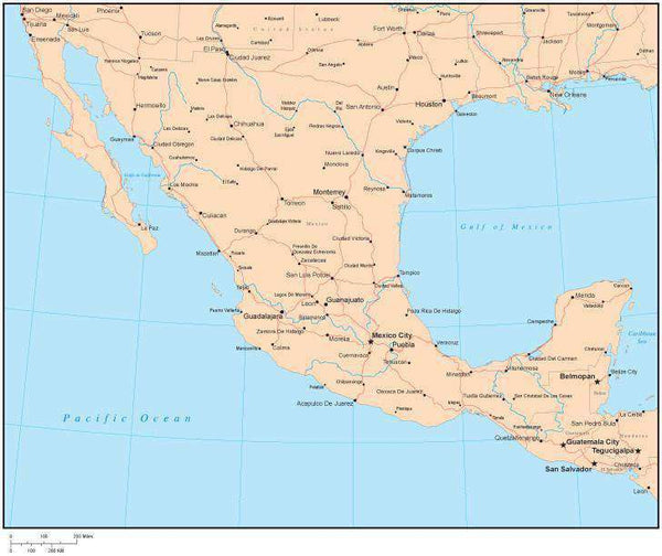 Single Color Mexico Map with Countries, Major Cities