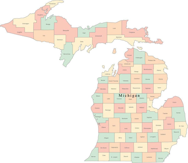 Multi Color Michigan Map with Counties and County Names