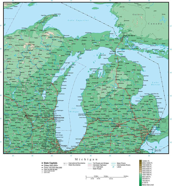 Digital Michigan Contour map in Adobe Illustrator vector format MI-USA ...