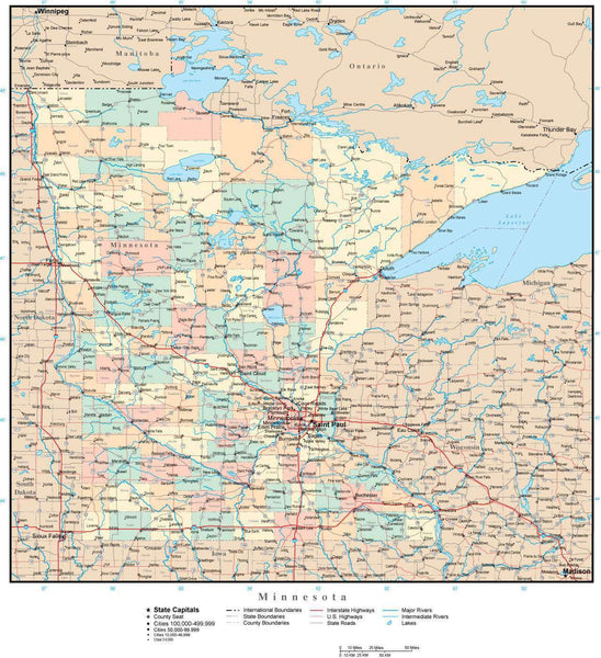 Minnesota Adobe Illustrator Map With Counties Cities County Seats Major Roads 0453