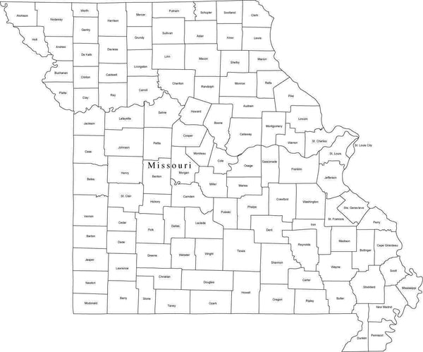 Black & White Missouri Digital Map with Counties