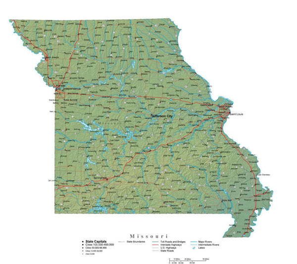 Missouri Illustrator Vector Map with Cities, Roads and Photoshop ...