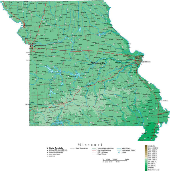 Missouri Contour Map in Adobe Illustrator Digital Vector Format