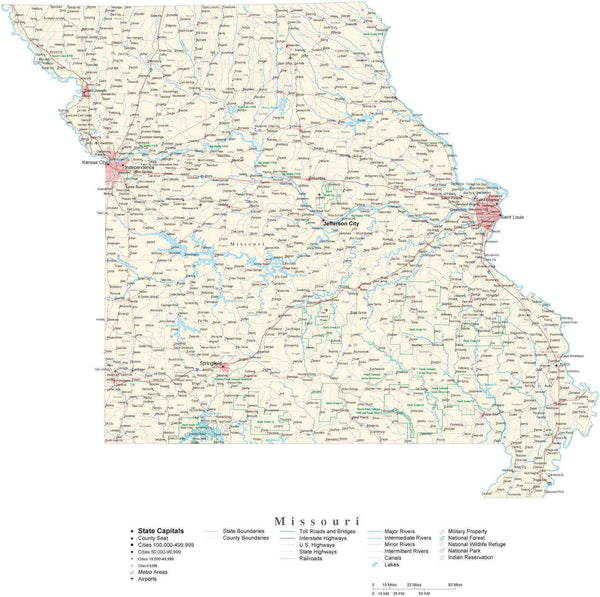 Missouri Detailed Cut-Out Style State Map in Adobe Illustrator Vector ...