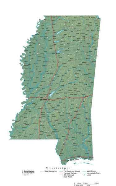 Mississippi Illustrator Vector Map with Cities, Roads and Photoshop ...