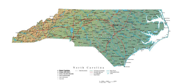 North Carolina Illustrator Vector Map with Cities, Roads and Photoshop ...