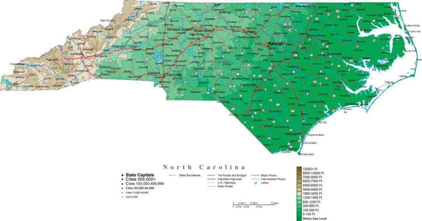 North Carolina Contour Map in Adobe Illustrator Digital Vector Format