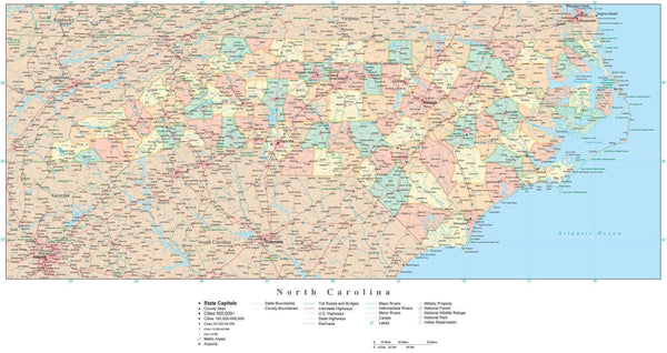 North Carolina State Map in Adobe Illustrator Vector Format. Detailed ...