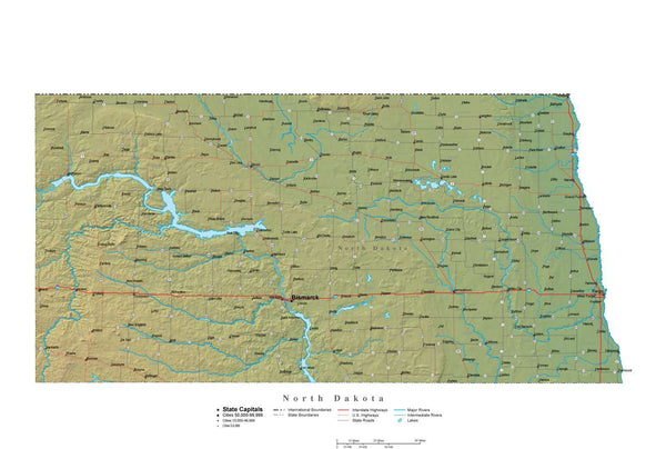 North Dakota Illustrator Vector Map with Cities, Roads and Photoshop ...