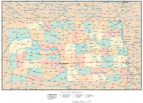 North Dakota Adobe Illustrator Map with Counties, Cities, County Seats ...