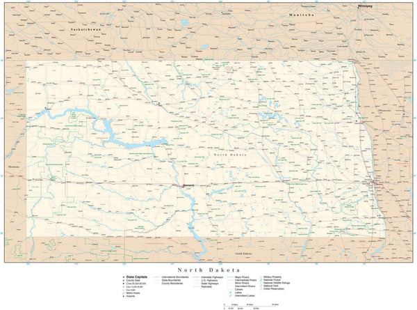 North Dakota Detailed Map in Adobe Illustrator vector format. Detailed ...