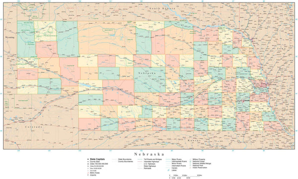 Nebraska State Map in Adobe Illustrator Vector Format. Detailed ...