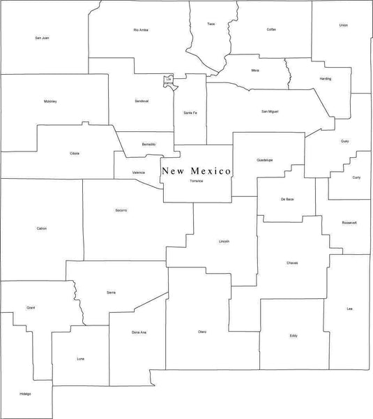 Black & White New Mexico Digital Map with Counties