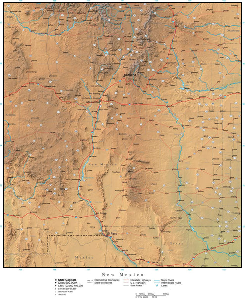 New Mexico State Map Plus Terrain with Cities & Roads