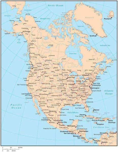 Single Color North America Map with States & Canadian Provinces