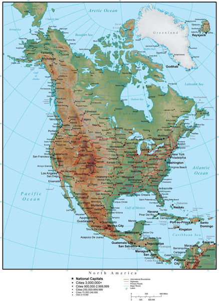 North America in Adobe Illustrator vector format with Photoshop terrain ...