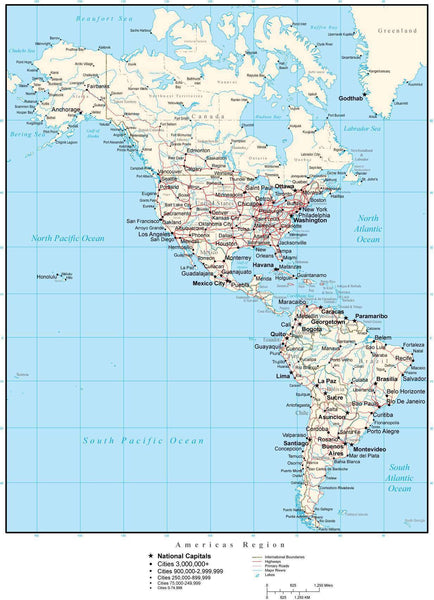 North and South Americas Map with Country Boundaries, US States, Canad