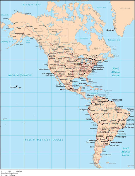 Single Color N & S America Map with Countries, Major Cities