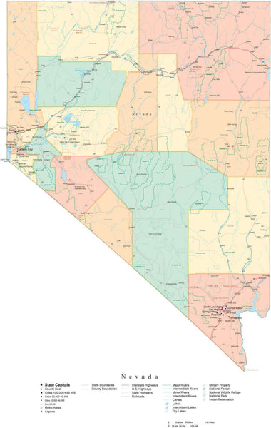 State Map of Nevada in Adobe Illustrator vector format. Detailed ...