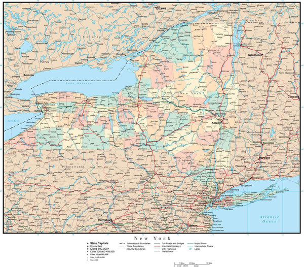 New York Adobe Illustrator Map with Counties, Cities, County Seats ...