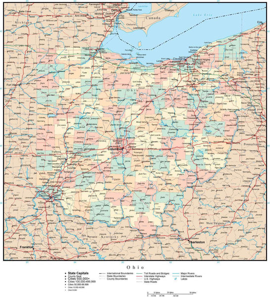 Ohio Adobe Illustrator Map with Counties, Cities, County Seats, Major Roads