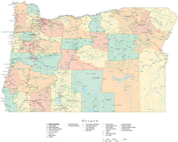 State Map of Oregon in Adobe Illustrator vector format. Detailed ...