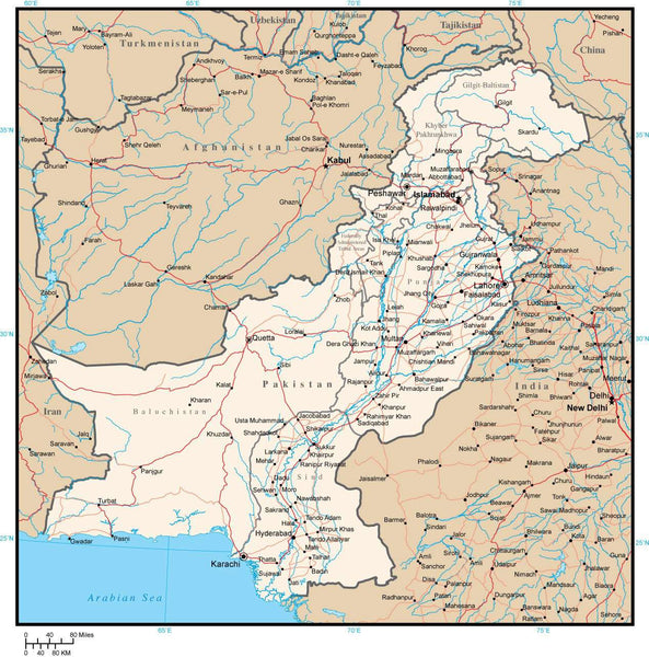 Pakistan with Provinces, Cities, Rivers and Roads in Adobe Illustrator ...