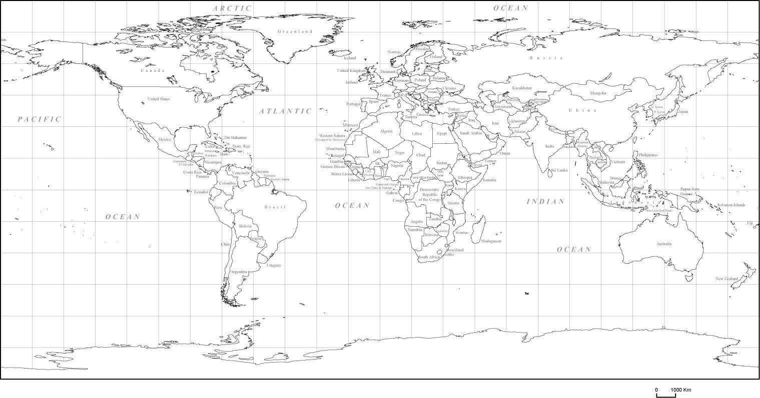 world map with scale black and white