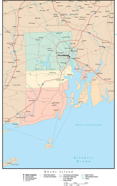 Rhode Island Adobe Illustrator Map with Counties, Cities, County Seats ...