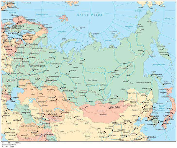 Multi Color Russia Map with Countries, Major Cities