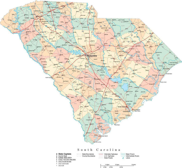 South Carolina Digital Vector Map with Counties, Major Cities, Roads ...