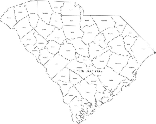 Black & White South Carolina Digital Map with Counties