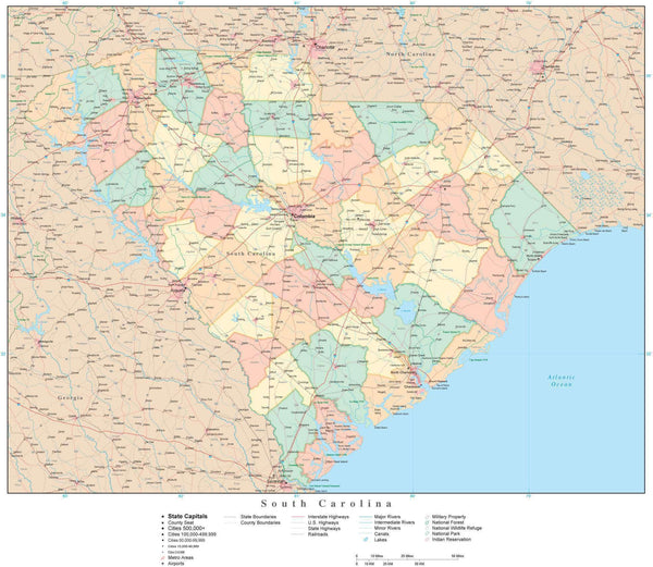 South Carolina State Map in Adobe Illustrator Vector Format. Detailed ...