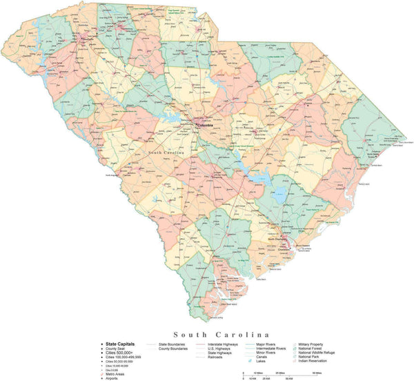 State Map of South Carolina in Adobe Illustrator vector format ...