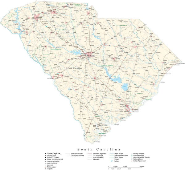 South Carolina Detailed Cut-Out Style State Map in Adobe Illustrator ...